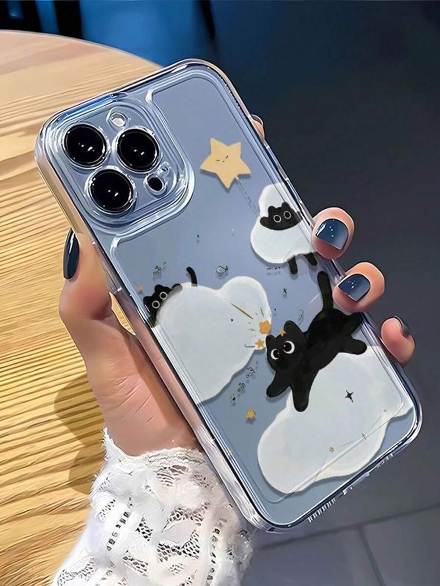 1个云猫插画透明太空手机壳，兼容苹果17、16、16e、15、14、13、12、11 Pro Max、X、XR、XS、8、7 Plus，保护套 - 無色 - 查看 1