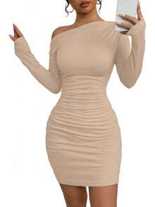 Off The Shoulder Bodycon Mini Dress - Women's Long Sleeve Ruched Cocktail Dress For Party & Evening - Light French Beige - View 1