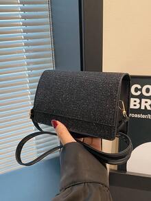 Fashionable Shiny Small Crossbody Bag For Women, Minimalist Sequin Square Shoulder Bag - Black - View 2