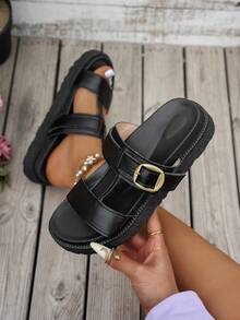 Nuevas sandalias de cuña con hebilla metálica decorativa, cómodas y antideslizantes, versátiles y fáciles de limpiar, adecuadas para la playa y el uso diario - Negro - Ver 4