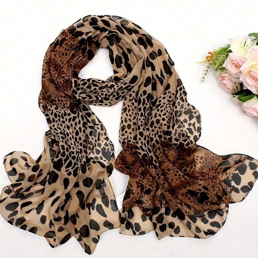 1pc Bohemian Style Leopard Print Women Scarf - 100% Polyester, Non-Stretch, No Feather, Chiffon Shawl - Windproof, Warm, Breathable Headscarf, Suitable For Outings, Travel, Beach - Multicolor - View 1