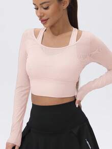 1pc Women Mesh Long Sleeve Cropped Yoga Active T-Shirt With Padded Bust - 粉色 - 查看 12