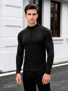 Camiseta deportiva informal de manga raglán para hombre con media cremallera elástica, adecuada para uso diario o para el gimnasio. - Negro - Ver 4