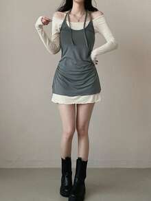 Korean Style Elegant Halter Neck Short Long Sleeve Dress For Women Spring - Grey - View 8
