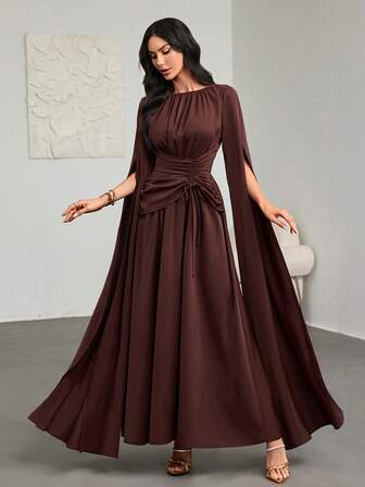 This Elegant Romantic French-Style Women's Beach Dress Features Soft, Draping Fabric, A Ruffled Collar, Front Ruching, A Flared Maxi Skirt, Long Sleeves, And Slit Cuffs - Perfect For Afternoon Tea, Parties, And Middle Eastern-Inspired Ensembles, And Ideal For Spring, Summer, And Autumn
