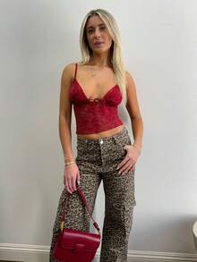 Women V Neck Sheer Lace Crop Camisole Spaghetti Strap Y2k Slim Fit Bow See Through Tank Top Summer - 紅色 - 查看 2