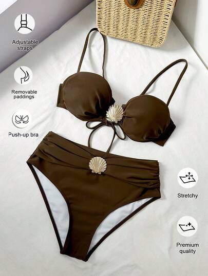 Khaki Seashell Decor Women's Sexy Fashion Beach Vacation Minimalist Solid Color Metal Decor Underwire Removable Padded 2-Piece Push Up Bra Bikini Set Set Summer