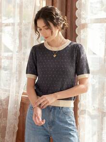 Knit Mix 优雅女士时尚针织法式通勤T恤，菱形领口设计，简约复古撞色宽松版型，适合春秋季穿着，随机图案，适合情人节、返校季、秋冬季女装，也适合圣诞节、感恩节和新年等场合。 - 灰色 - 查看 3