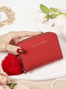 Decorated With A Furry Pom Pom Charm,Double Zipper,Versatile Coin Wallet,Letter Graphic Card Holder Multi-Card Card Organizer For Storage Credit Cards School Supplies For School Dorm Room - Red - View 2