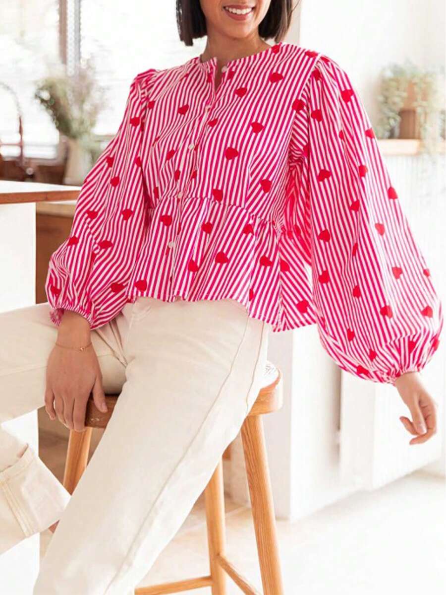 New Stylish & Elegant Striped Heart Front Button Round Neck Lantern Sleeve Top, Suitable For Holiday, Daily Wear, Festivals, Dates, Travel Spring - Hot Pink - View 1