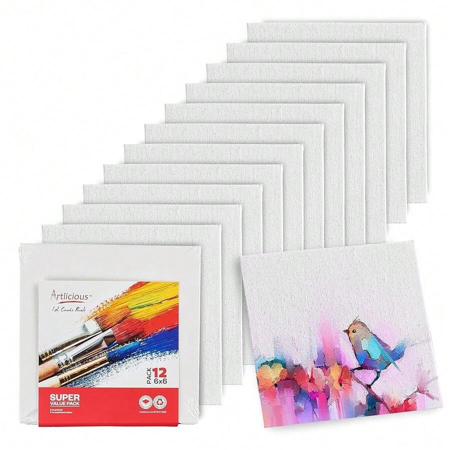 Small Canvases For Painting - Pack Of 12, 6 X 6 Inch Blank White Canvas Boards - 1OO% Cotton Art Panels Mini Canvas Bulk For Oil, Acrylic & Watercolor Small Canvas For Painting - 6x6吋-12件裝 - 查看 1