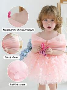 Baby Girls' Elegant Butterfly Applique Party Dress, Princess Dress Suitable For 1st Birthday Party, Wedding, Easter, Important Occasions - Pink - View 4