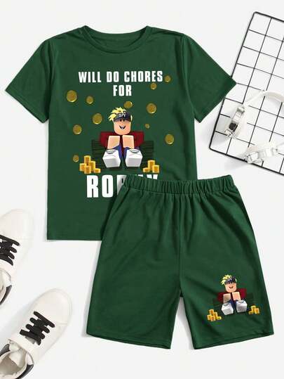Tween Boy Casual Cartoon Print Round Neck Short Sleeve T-Shirt And Shorts, Summer