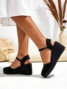 Sandalias de mujer estilo alpargatas con cuña alta y suela gruesa,estilo bohemio para primavera y verano ideales para vacaciones,playa,para uso diario trabajo - TODO NEGRA - Ver 3