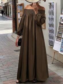 2026 New Arrival Fashion Casual Elegant Off-Shoulder Elastic Neckline Loose Lantern Sleeve Dress, Brown, Suitable For Business Casual, Beach, Wedding Guest, Concert, Party, Spring To Summer - Brown - View 8
