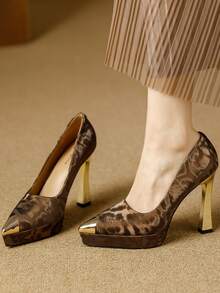 Women's Fashion Shoes, New Spring/Autumn European And American Style Party Shoes, Thick Bottom Metallic Pointed Toe Leopard Print Super High Heel Slip-On Pumps, Suitable For Casual, Holiday, Party, Date - Brown - View 4