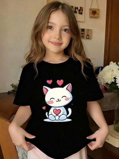 playeras de niño,La nueva colección 2026 de camisetas de algodón puro para niñas, camiseta con estampado de logo de gatito y corazón - Top casual de cuello redondo de verano con dibujo animado, atuendo de San Valentín, atuendo casual suave y cómodo para ( &) - Blusa lavable a mano, adecuada para reuniones y actividades de ocio