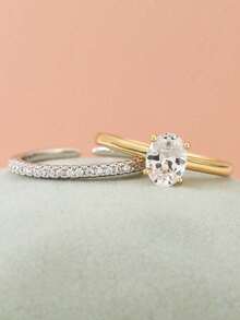 2pcs Luxury Ring Set - Oversized Gemstone Encrusted Full Pave Diamond Stackable Rings, Gold & Silver Open Rings, Bridal Wedding & Anniversary Gift (Women) - Multicolor - View 6