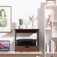 Microwave Oven Shelf Stand With Drawer, 2-Tier Kitchen Countertop Storage Rack Spices Rack Freestanding, Home Office Printer Stand Multifunctional Unit Shelving Wood Top Metal Frame - 雙層深胡桃木抽屜櫃 - 查看 8