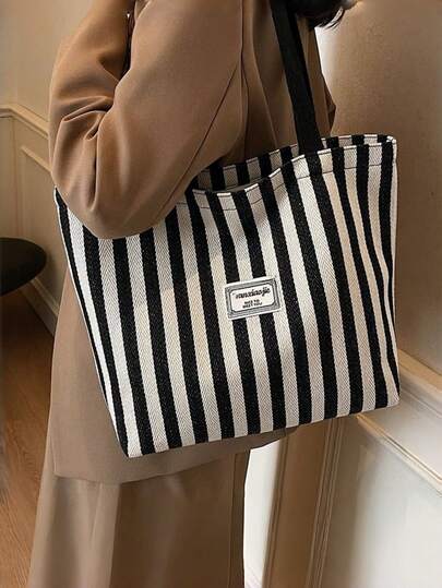 1个极简时尚大容量条纹手提包，休闲新款单肩托特包，多功能通勤包，2026新款时尚大容量女包通勤托特包，适合高中生，ins风