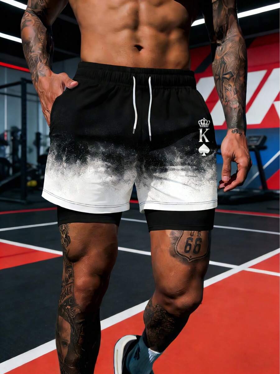 男士渐变字母K印花透气双层短裤 - 彩色 - 查看 1