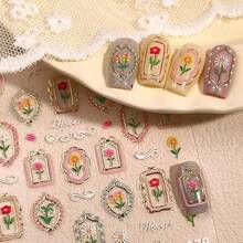 Flower Nail Art Stickers 5D Embossed Nail Decals Tulip With Golden Design Nail Stickers For Spring Nail Art Se--Adhesive Summer Manicure Decorations For Women Acrylic Nail Supplies - Style3 - 查看 5