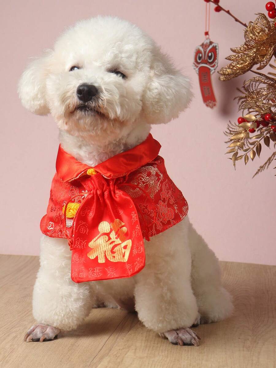1 Set Polyester Chinese Tang Suit Scarf & Lucky Bag Red Envelope, Festive Style Suitable For Small Pets - Red - View 1