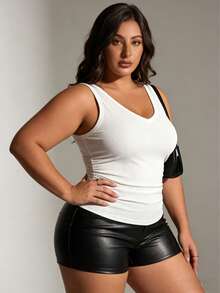 Plus Size Women's Summer Solid Basic V-Neck Knit Ribbed Casual Sexy Cropped Camisole - White - View 2