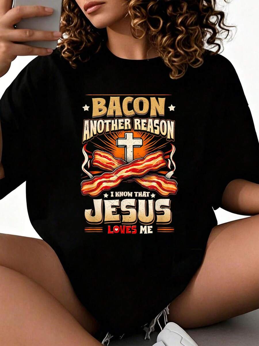 Camiseta Bacon Another-Reason I Know Jesus Loves Me Bacon Jesus Love 2026, nuevas camisetas impresas para mujeres, estilos populares, camisetas de primavera para mujeres, camisetas de invierno, camisetas de para mujeresás vendidas - Negro - Ver 1