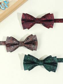 男士时尚波西米亚风双层领结，佩斯利花纹，红/绿/棕三色可选，适合派对和节日装扮 - 彩色 - 查看 2