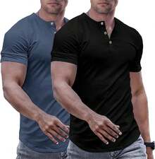 Men's Muscle Slim Henley Shirts Crewneck Longline-Shirt Gym Workout Athletic Shirt Tees With ButtonA Valentine's Day DHUB - Gói-đen/xanh - Xem 1
