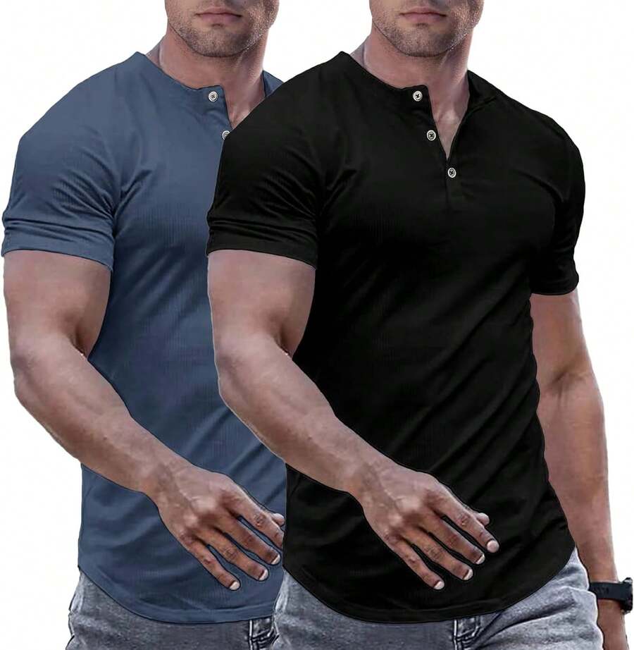 Men's Muscle Slim Henley Shirts Crewneck Longline-Shirt Gym Workout Athletic Shirt Tees With ButtonA Valentine's Day DHUB - Gói-đen/xanh - Xem 1