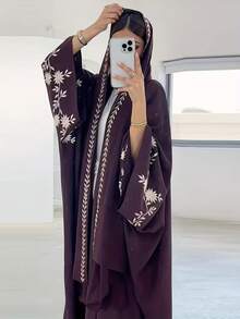 1件纯色刺绣袖口+附带刺绣披肩设计穆斯林套装，简约风格，适合日常穿着，也适合外出和聚会。 - 彩色 - 查看 7