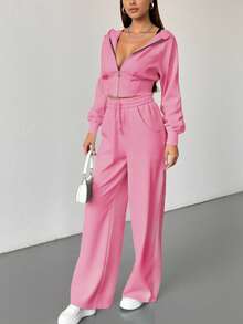 2 Stücke Damen Einfarbig Lässig Reißverschluss Hoodie Set, geeignet für Herbst/Winter Streetwear, Bademode, Büro, Abschluss, Schulanfang, Outfit für Lehrerinnen - Pink - Übersicht 2