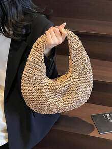 1pc New Vacation Bag, Holiday Straw Bag, Solid Color Crescent Moon Shaped Shoulder Bag, Summer Beach Bag, Woven Underarm Bag, Crescent Bag, Handbag, Valentine's Day Gift, Beach Bag, Women Bag - Khaki - View 4