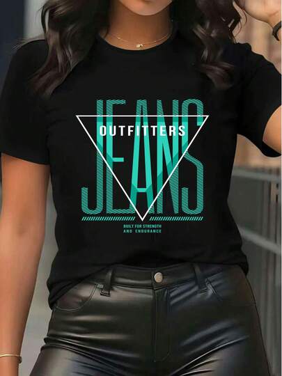 Women's Short Sleeve Crew Neck Graphic Tee Casual  JEANS Letter Print T - Shirt Summer Daily Wear Loose Fit Top For Women