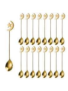 12pcs Stainless Steel Coffee Spoons, Moon & Star Pattern, Dessert Spoons, Mixing Spoons, Perfect For Afternoon Tea And Ramadan Gifts