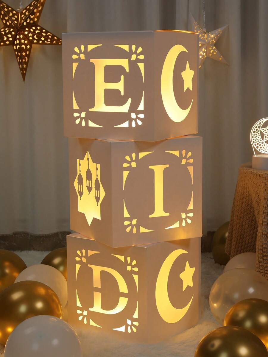 3Pcs Eid Mubarak White Hollow Out Decorative Box (Without Light), Moon Star Lantern Pattern Paper Boxes, Eid Blocks Decorations For Islamic Muslim Party Decorations, Ramadan Decorations For Home, Ramadan Kareem, Ramadan Mubarak Party Decor Party Supplies, Eid Al Adha Gift, Eid Al-Fitr Decor - White - View 1