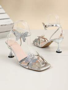 Shiny Butterfly Decor Transparent High Heel Sandals For Teens - Silver - View 2