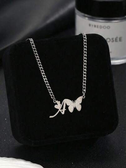 1pc Fashionable Popular Silver Sandblasted Butterfly Initial Letter Decor Cuban Chain Necklace Suitable For Boys Girls Alphabet Necklace As Daily Wear Jewelry Accessory Gift