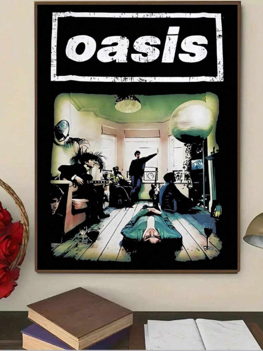 Plakat zespołu Oasis Band 1 szt., styl art déco, nowoczesny, retro, motyw muzyczny, wydruk artystyczny na płótnie, bezramowa dekoracja ścienna, do biura, salonu, sypialni, akademika, restauracji – plakat muzyczny do wnętrz i na zewnątrz, na każdą porę roku - Wielokolorowe - Zobacz 1