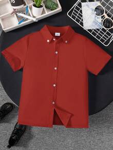 Camisa formal de manga corta con bolsillo, estilo escolar clásico informal para niño preadolescente, adecuada para eventos, fiestas y actuaciones - Rojo - Ver 2