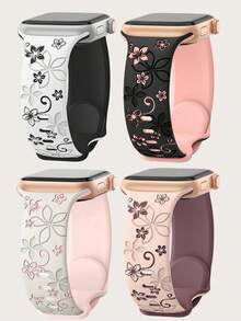 4件組雙色花卉雕刻錶帶，適用於Apple Watch 49mm 46mm 45mm 44mm 42mm 41mm 40mm 38mm，波西米亞風可愛紫色花朵矽膠錶帶，適合 Series Ultra 11 10 9 8 7 6 5 4 3 2 1 SE 男女款 - 彩色 - 查看 14