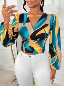 优雅女士印花褶皱长袖上衣，适合女性参加狂欢节，也可作为春季服装或春季套装穿着。 - 黃綠色 - 查看 5