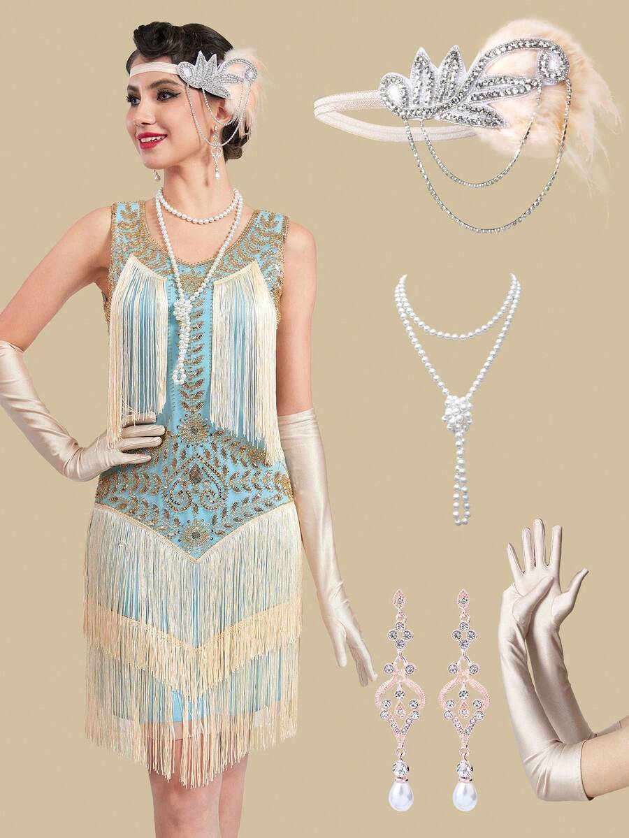 1920s Flapper Style Lace V-Neck Fringe Dress Set For Women - Baby Blue - View 1