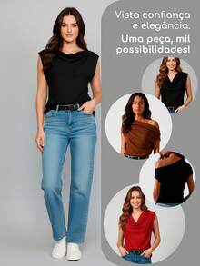 Blusa Feminina Assimétrica Gola Boba Elegante Decote 3 Em 1 | Slim e Plus Size - Preto - Visão 4