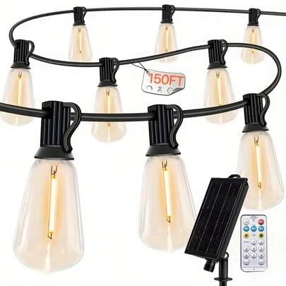 150/100FT/50FT/25FT/13FT Outdoor Solar String Lights With Remote Control, Dimmable Solar Powered String Lights With Shatterproof Bulbs, ST38 LED Patio Lights, Hanging Lights For Yard Decor, Birthday Party, Christmas Decoration, All-Weather Durable