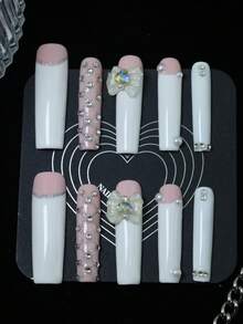 CrystalHola Valentine's Day Nails, 10 Pieces Of Handmade Fake Nails, Press-On Nails, French Tip Nails, Acrylic Nail Kit, Long Coffin Nails, White Nails With Nail Accessories And Bows, Glittery Holiday Nails, Cute Nails, Y2K Style, Suitable For Music Festivals And Parties, Everyday Wear, A Good Gift For Girls And Women, New Year Nails. Nail Supplies Handmade Press On Nails - Multicolor - View 1