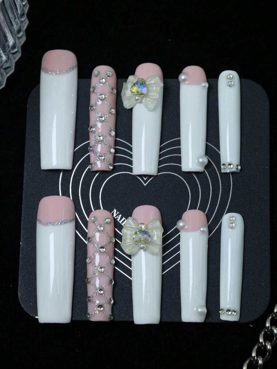 CrystalHola Valentine's Day Nails, 10 Pieces Of Handmade Fake Nails, Press-On Nails, French Tip Nails, Acrylic Nail Kit, Long Coffin Nails, White Nails With Nail Accessories And Bows, Glittery Holiday Nails, Cute Nails, Y2K Style, Suitable For Music Festivals And Parties, Everyday Wear, A Good Gift For Girls And Women, New Year Nails. Nail Supplies Handmade Press On Nails - Multicolor - View 1