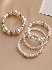 4pcs/Set Girls' Minimalist Elegant Multi-Layer Pearl Stacked Elastic Bracelet Set, Suitable For Girls' Daily Wear, Parties, Valentine's Day Gifts - Multicolor - View 1